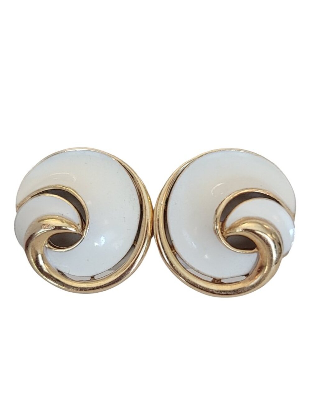 Trifari Crown Over T Gold Tone White Enamel Swirl Clip On Earrings, Signed K348